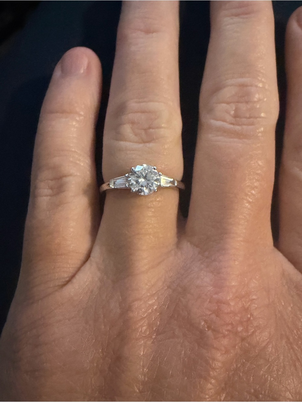 1.2 Carat Round Diamond with Side Baguettes, 14k White Gold, lab grown, size 6.5